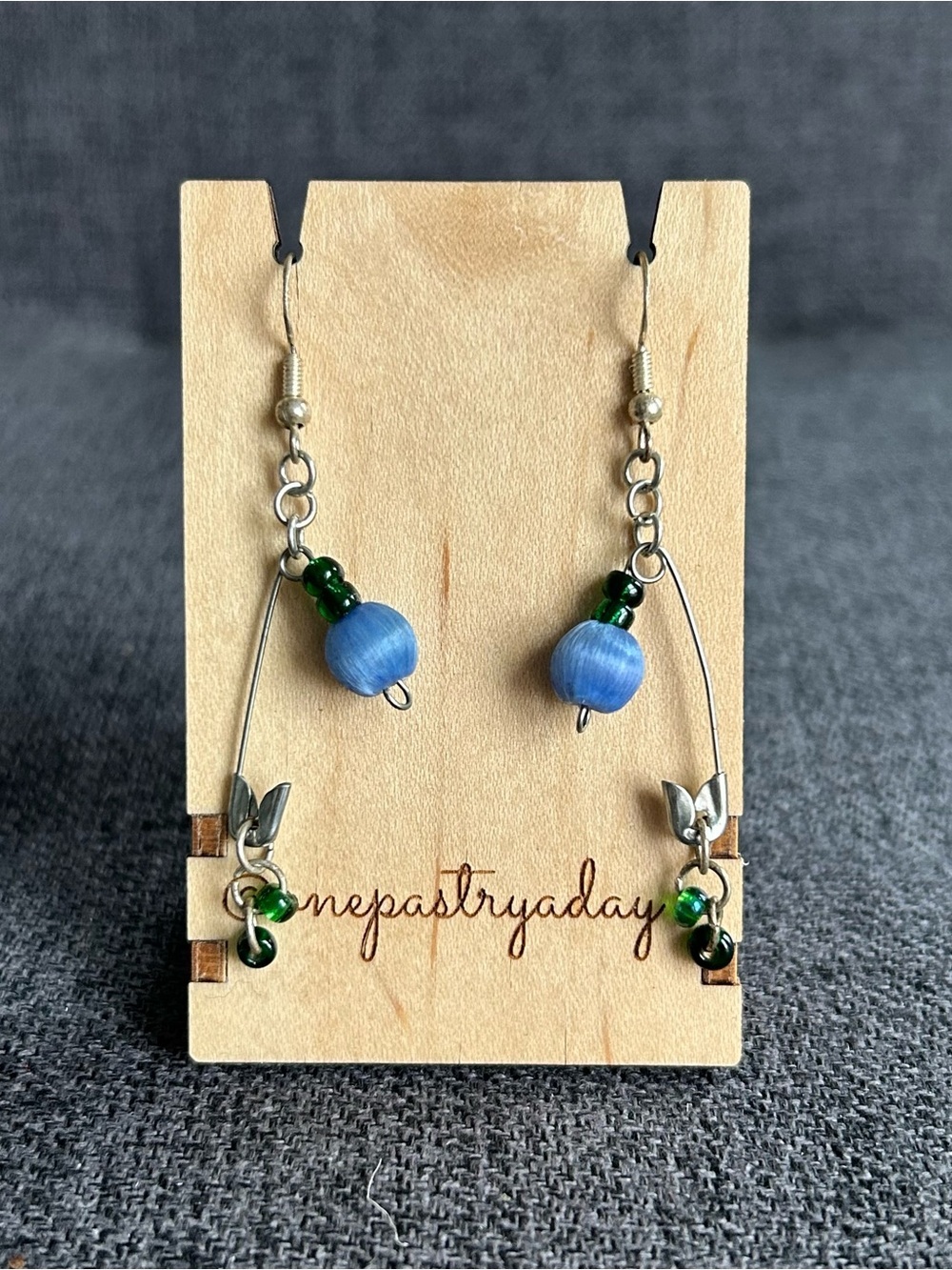Handcrafted Safety Pin Earrings with Colorful Beads, Silver, Blue, Green - Picture 1 of 15